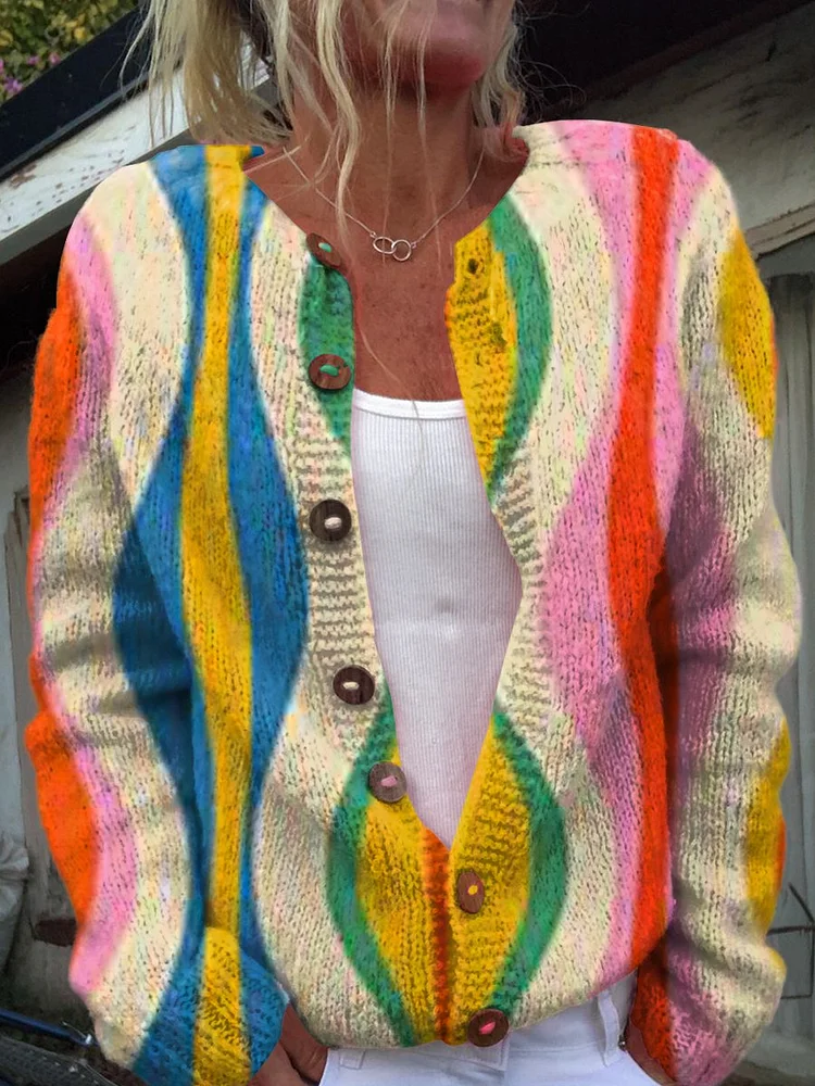 Retro Simple Graphics Art Print Buttoned Cardigan Sweater
