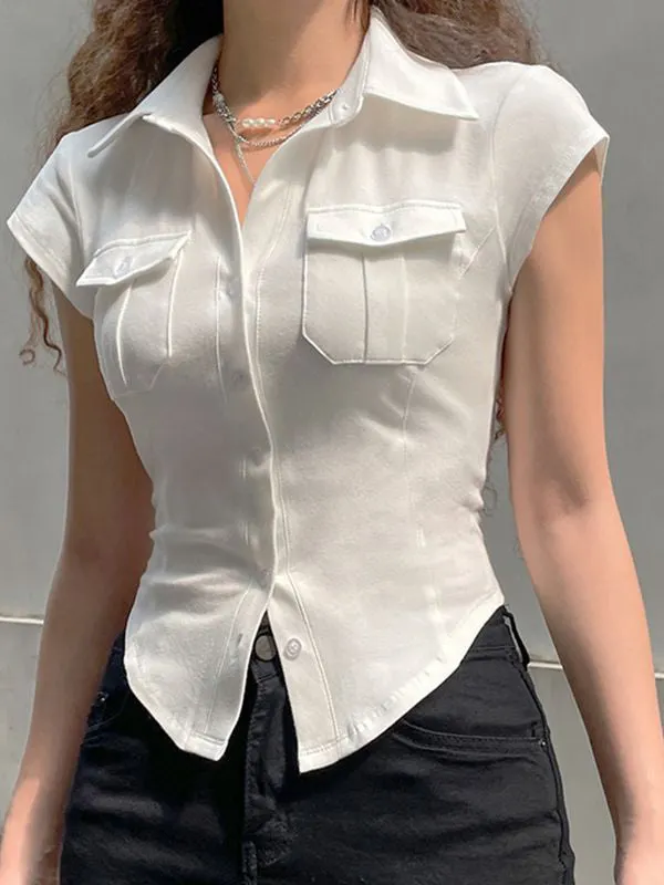 Brownm Y2K blouse with pocket and button placket