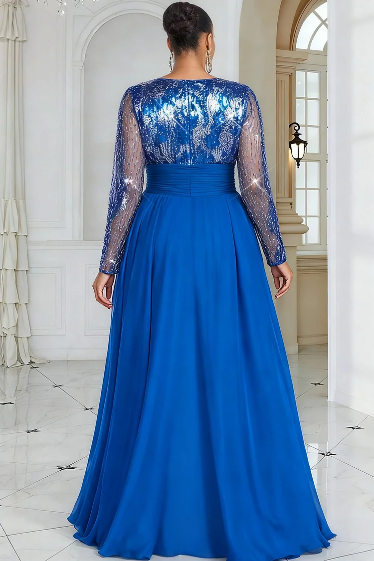 Xpluswear Design Plus Size Formal Royal Blue Round Neck Long Sleeve With Skirt Overlay Elegant Sequin Satin Maxi Dresses [Pre-Order]