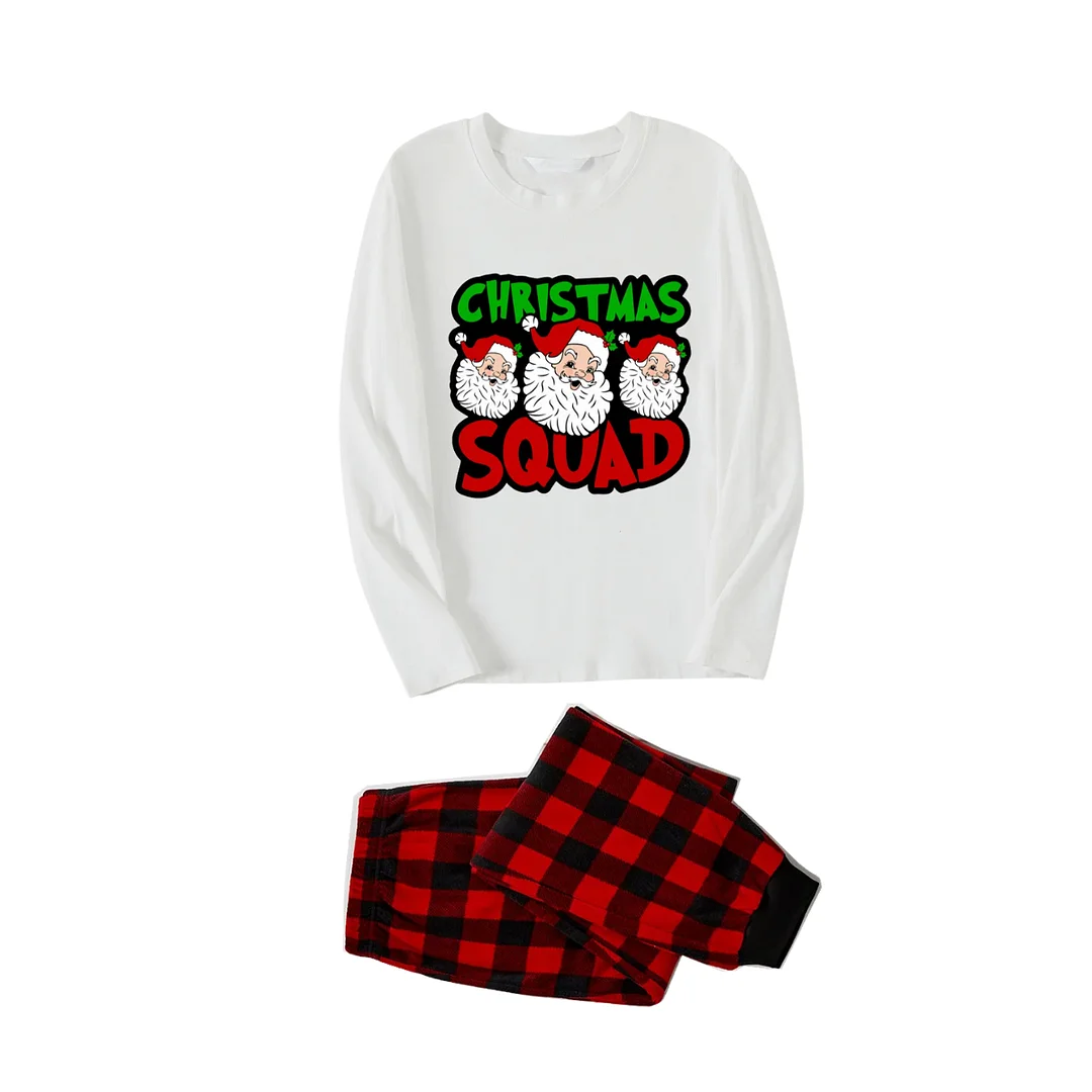 "Christmas Squad" and Santa Printed Red & Black Plaid Family Matching Pajamas
