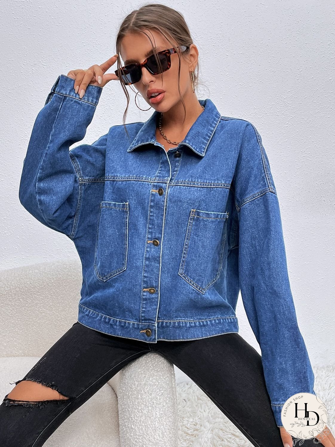 Collared Neck Dropped Shoulder Denim Jacket