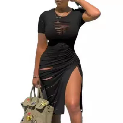 Wongn Wongn Sexy Round Collar Short Sleeve Slit Pleated Dress