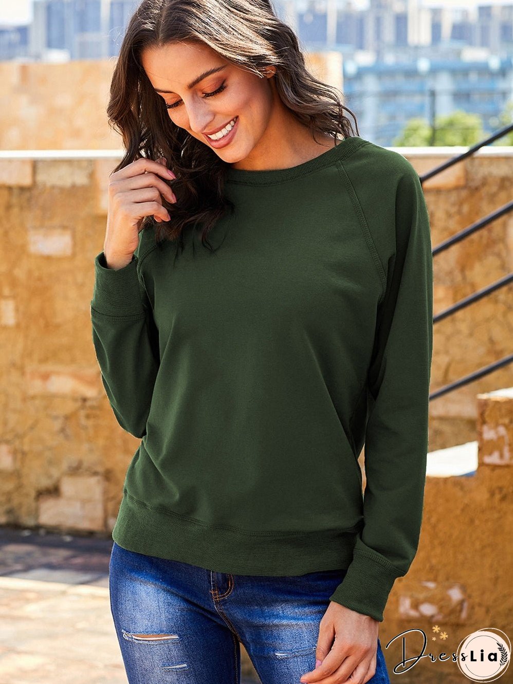 Green Crew Neck Long Sleeve Sweatshirt with Distressed Detail