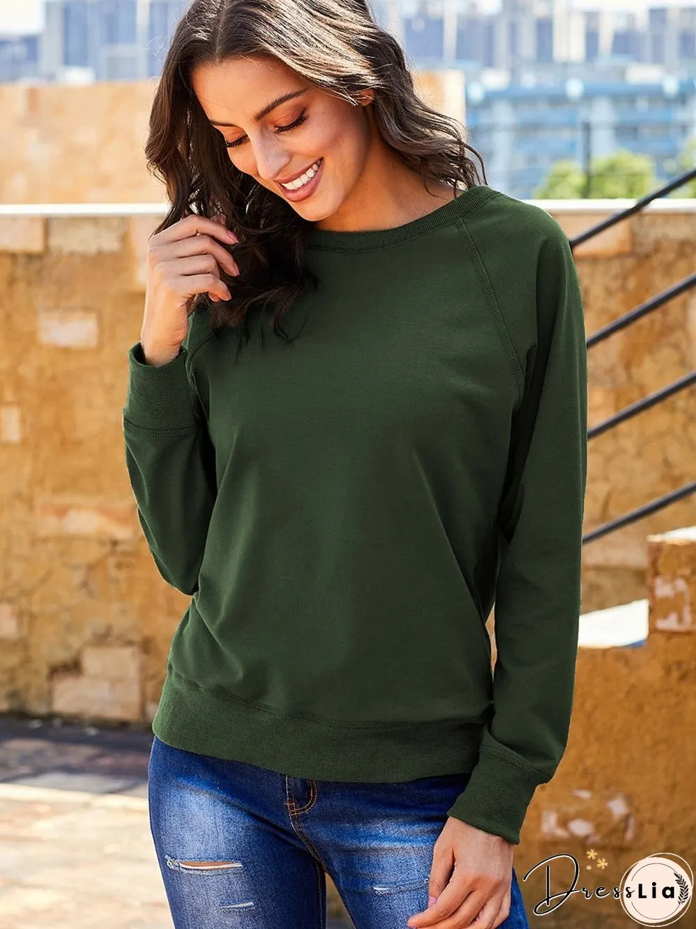 Green Crew Neck Long Sleeve Sweatshirt with Distressed Detail