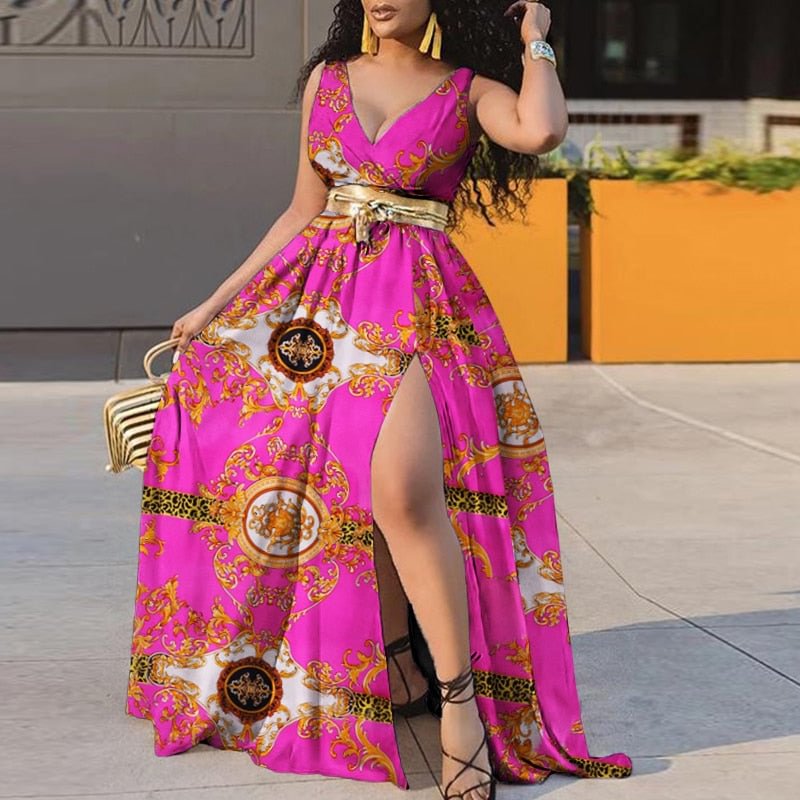 2022 VONDA Women Sleeveless V Neck Bohemian Floral Print Beach Dress Sexy High Split Hem Robe Bohemian Vestido Party Beach Dress