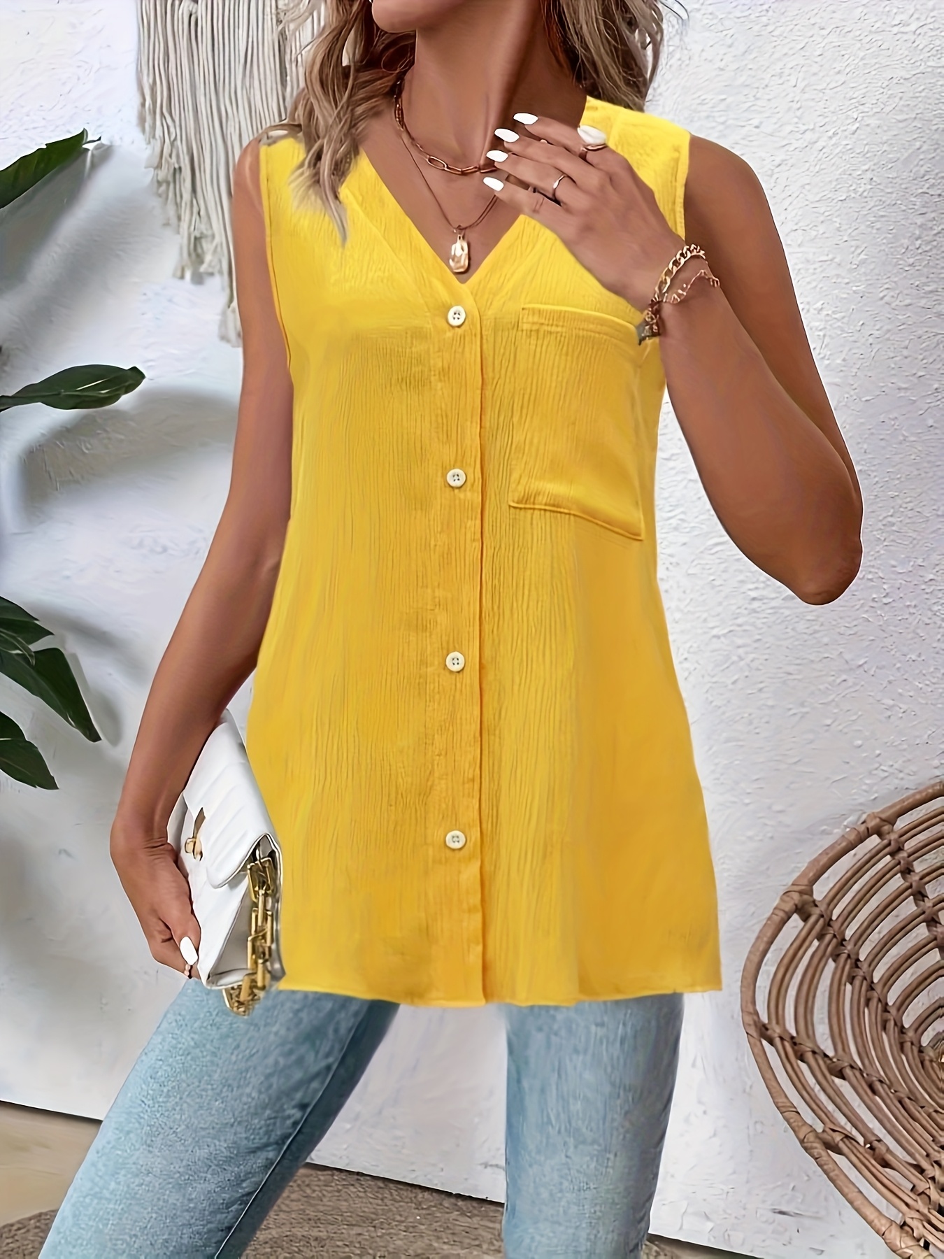 Women's Yellow Sleeveless V-Neck Button-Up Shirt With Pockets - Lightweight Summer Vacation Top, Casual Style, Perfect For Beach Or Casual Attire, Beach Attire | Vacation Style | Buttoned Front, Sleeveless Blouse | IFYHOME