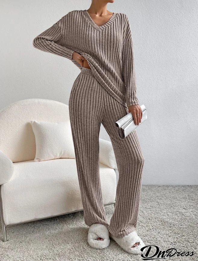 Women Fashion Casual V-Neck Knitted Long Sleeve Top Straight Pants Two-Piece Set