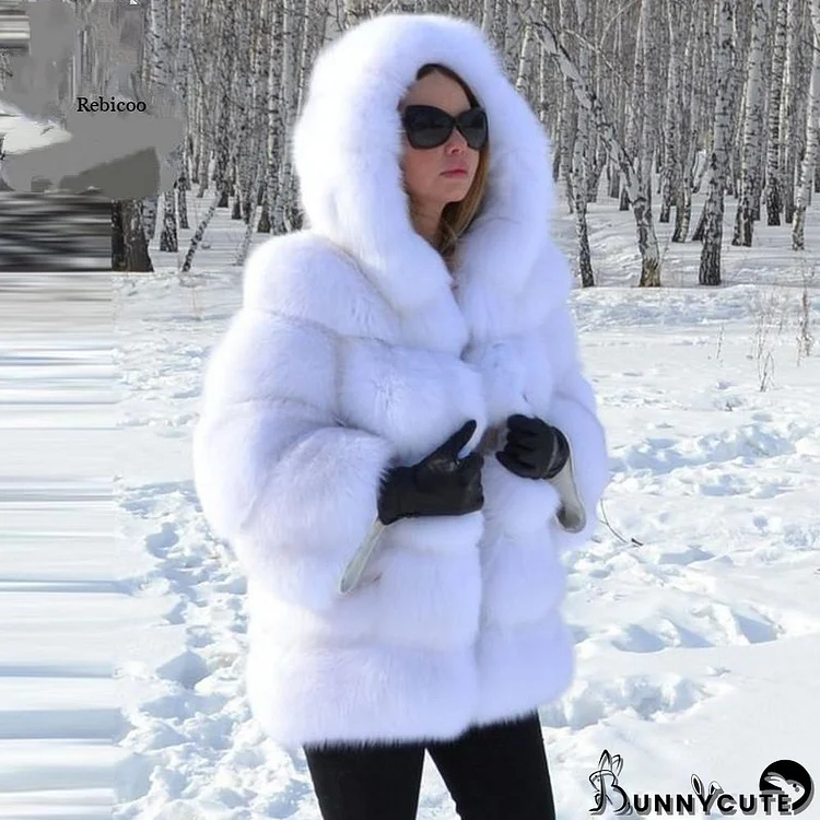 Women Faux Fox Fur With Hood Long Sleeve Jacket