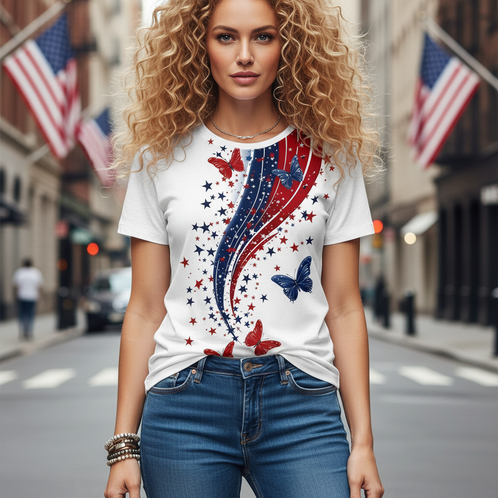 Women's Vintage American Flag 250th Anniversary Butterfly And Star Print Short-Sleeve Crew Neck White T-Shirt - Helixace
