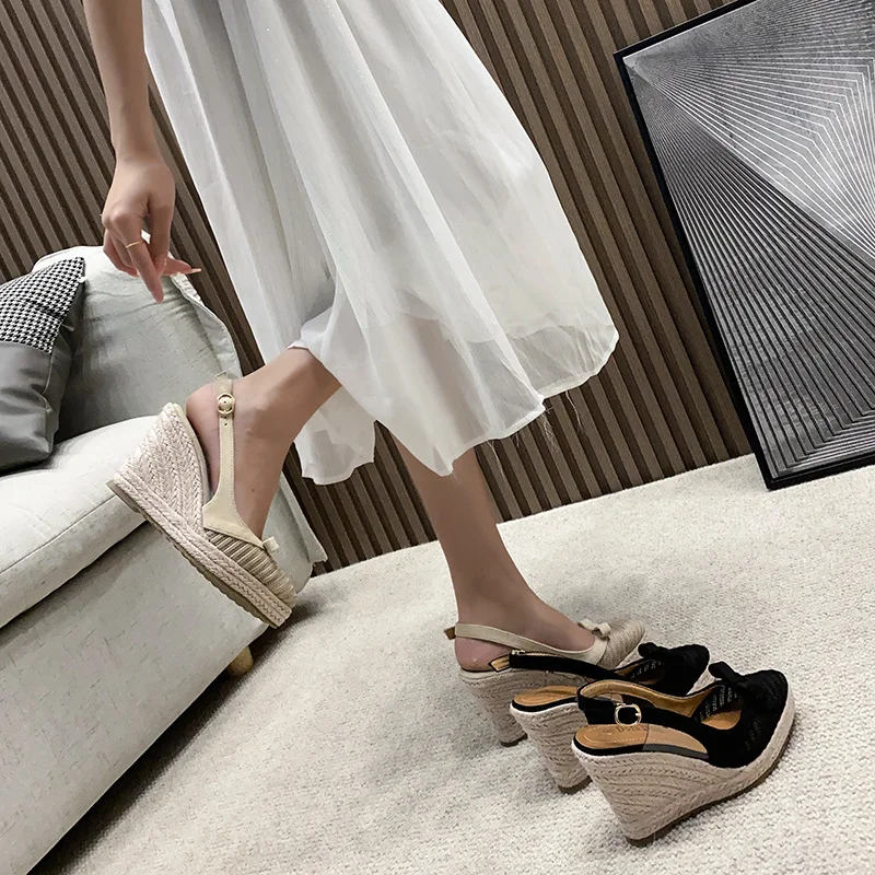 Wongn Wongn Sandals Women 2023 New Fashion Grass Braided Platform Tou Single Shoes Bow Button High Heels
