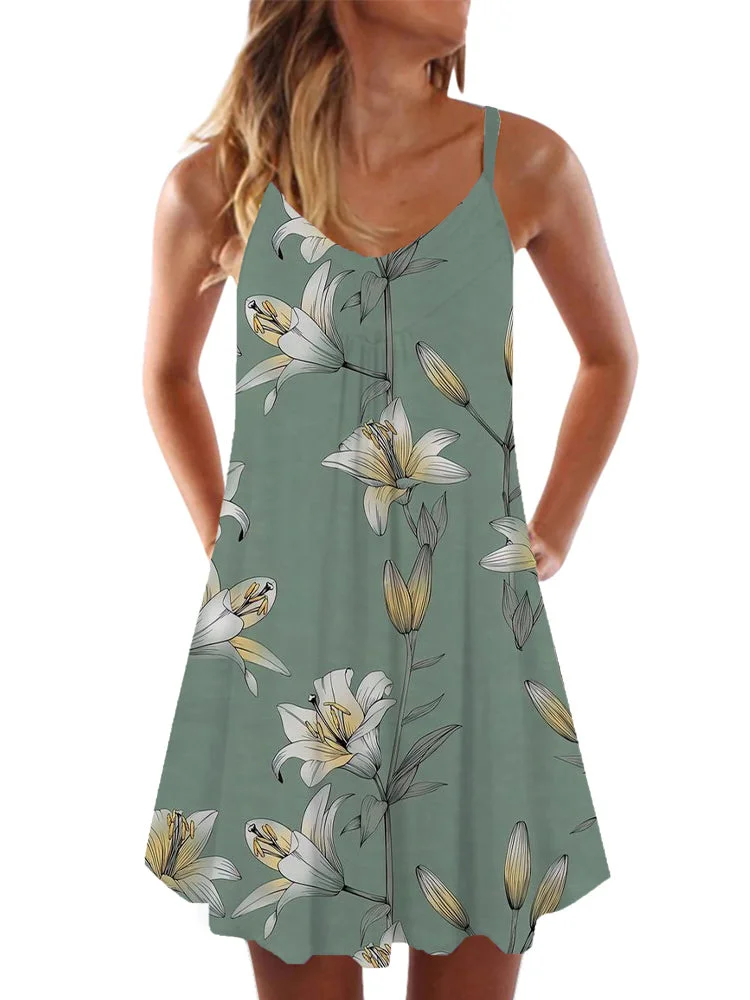 Elegant Green Lily Print Sleeveless Camisole Dress
