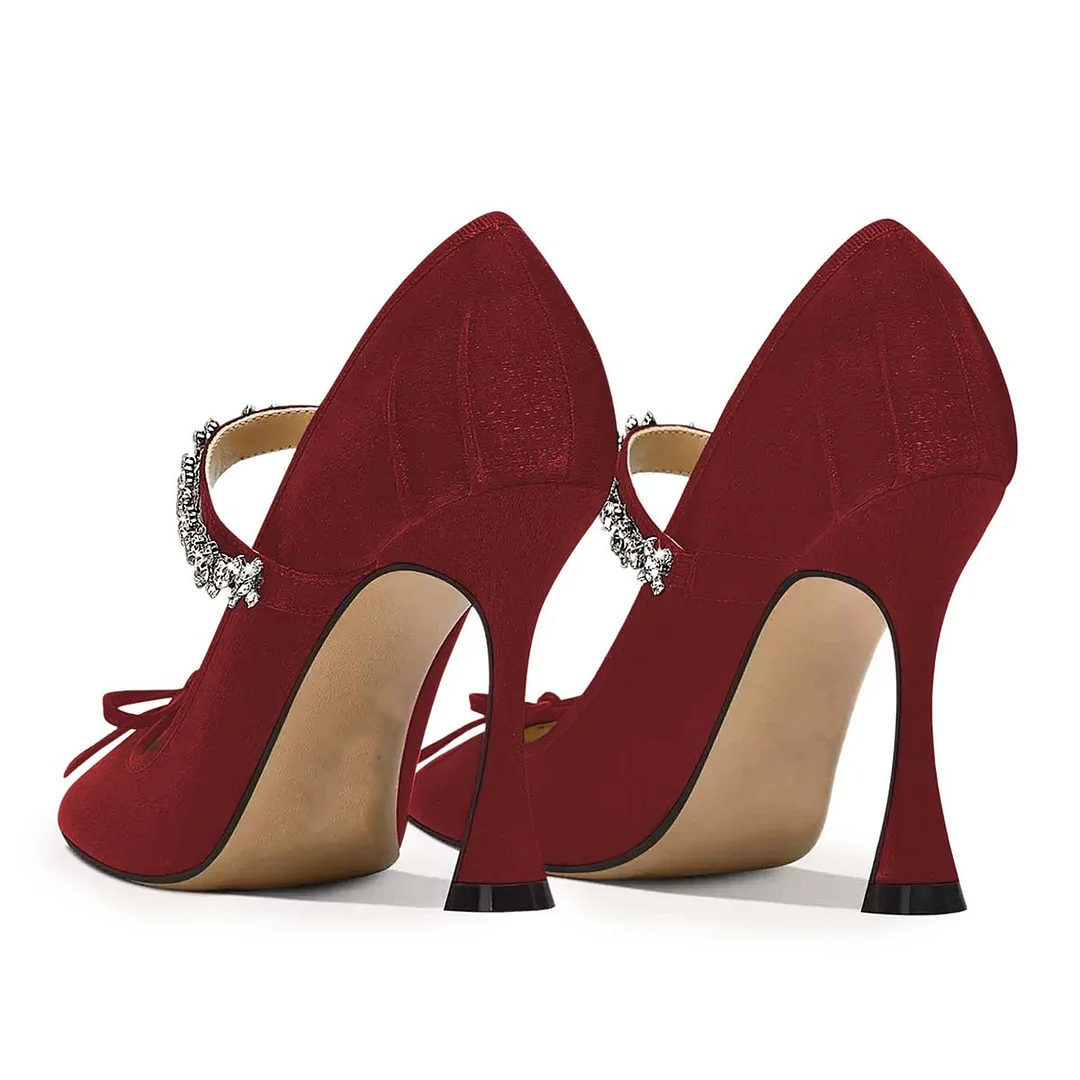 Velvet Rhinestone Square Toe Bow Flared Heel Mary Jane Pumps in Red