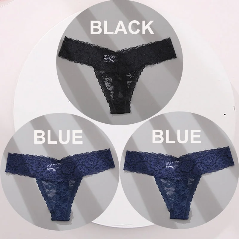 FINETOO 3PCS/Set M-XL G-string Thong Panties for Woman Sexy Lace Floral Underwear Transparent Women's Underpants Female Lingerie