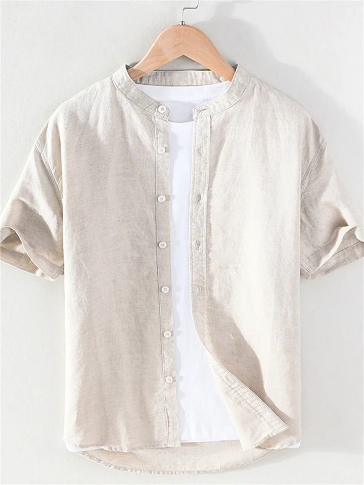 Summer New Arrival Men's Short-Sleeve Shirt with Stand-up Collar Casual Cotton-Hemp Blend Shirt