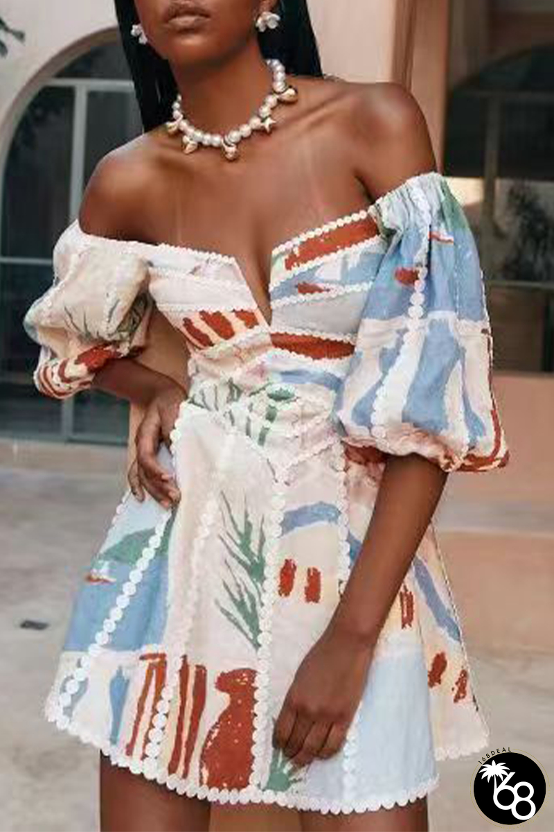 Sexy Floral Print Patchwork Off Shoulder A Line Short Sleeve Dress | 168DEAL