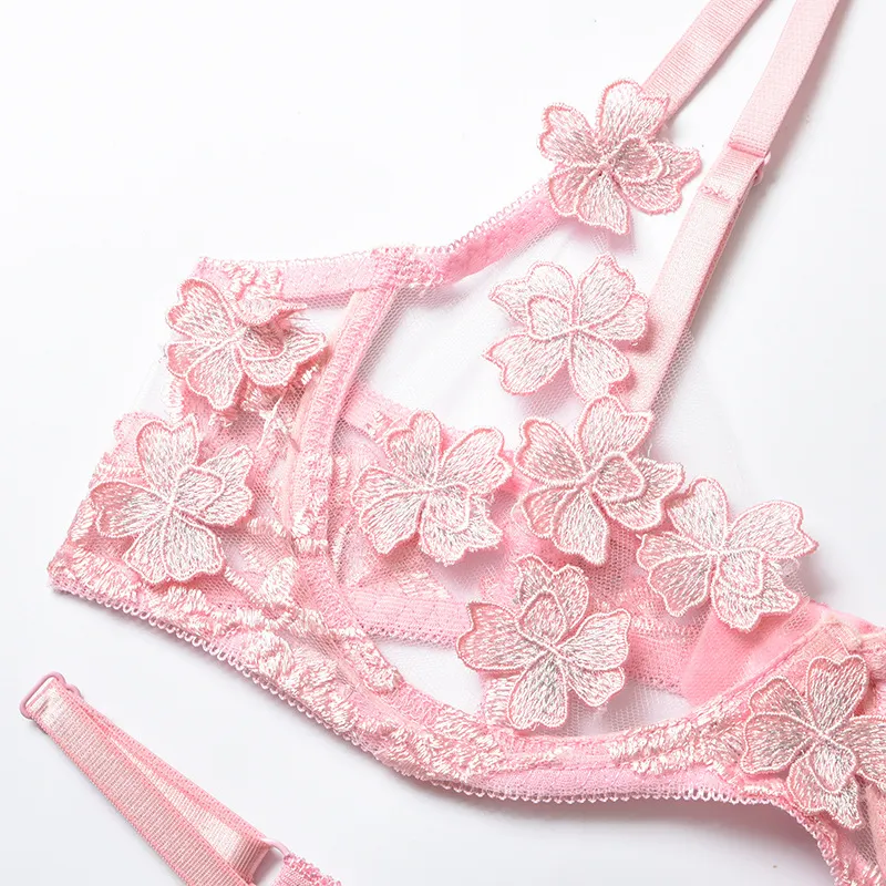 Billionm Sexy Lace Lingerie Set Floral See Through Bra Panty Nightwear Transparent Pink Underwear Women Embroidery Sheer Under Wear Sex