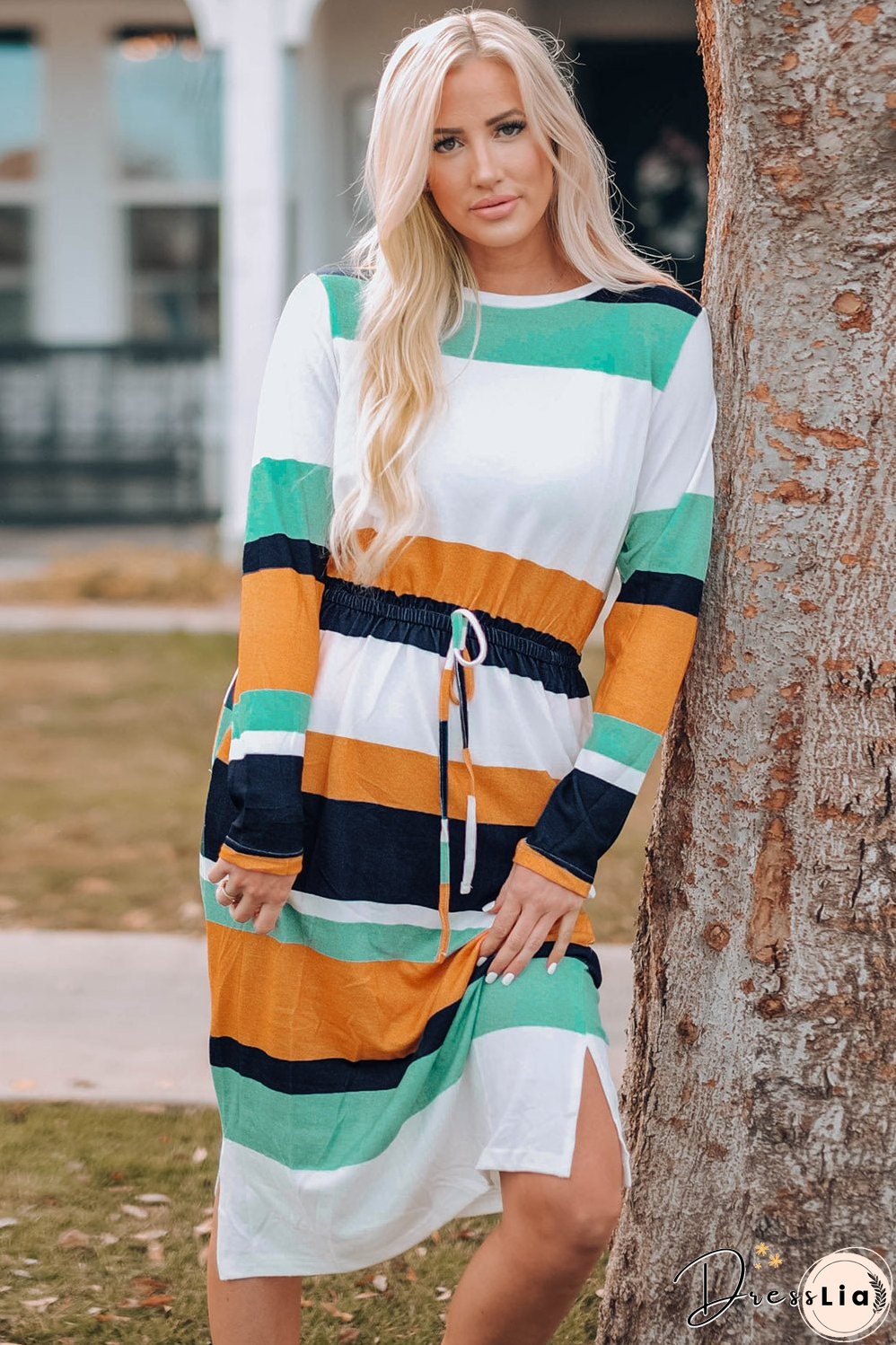 Striped Drawstring Waist Side Slit Midi Dress
