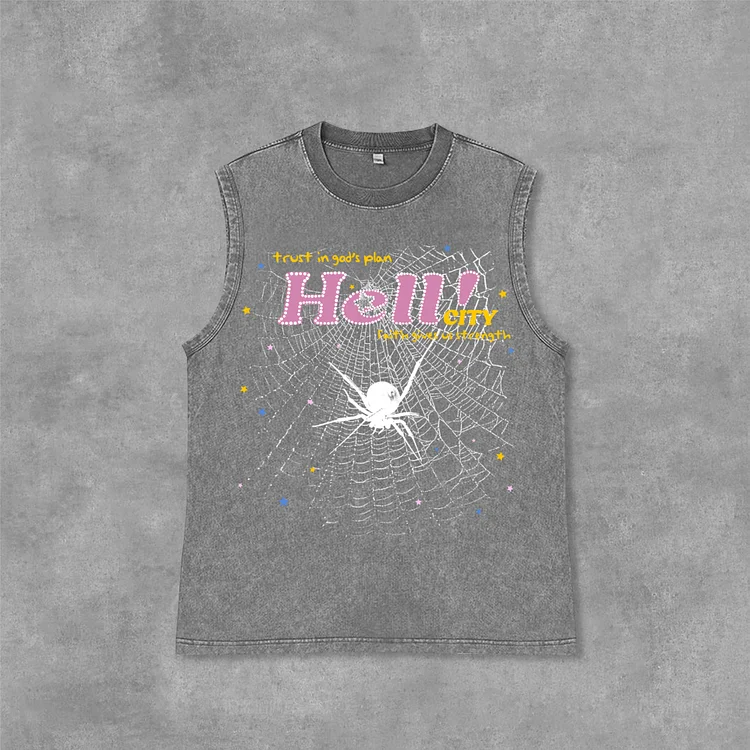 Spider Web Print Graphics Acid Washed Sleeveless Tank Top SOPULA