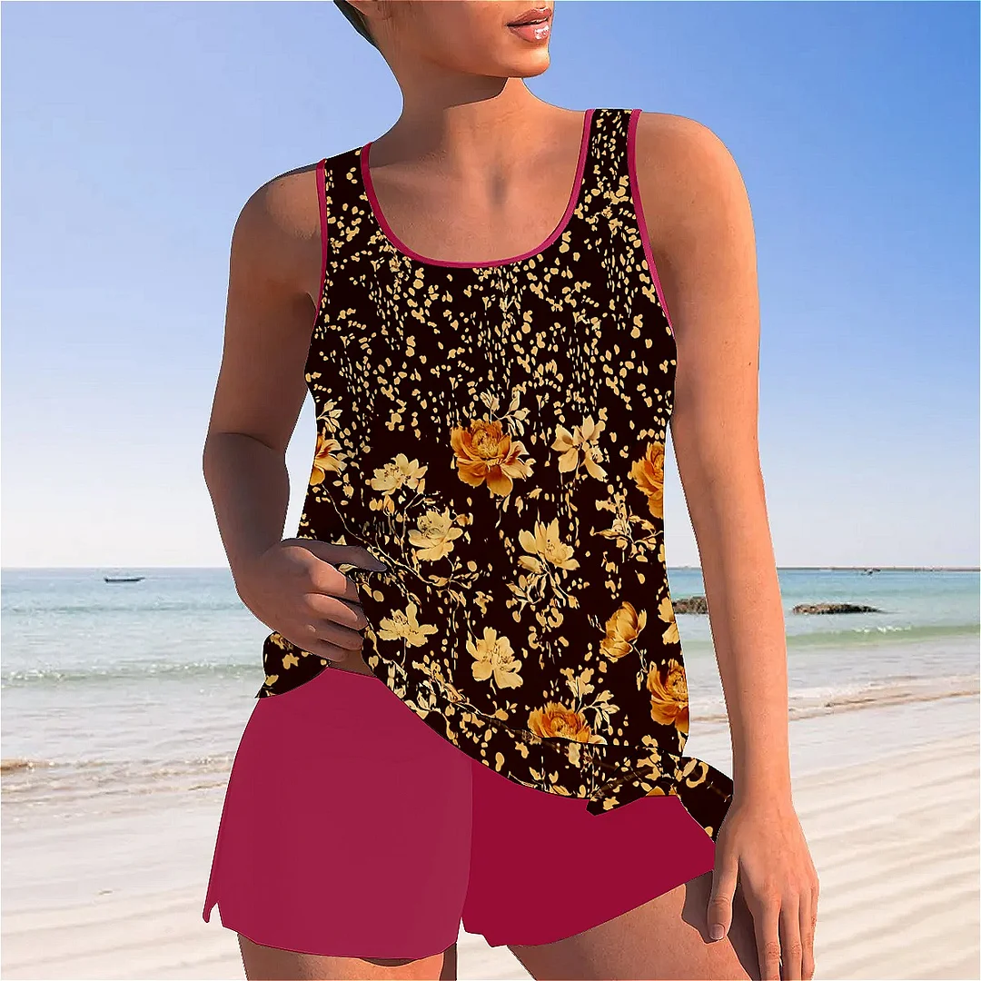 Bowknot Black,Khaki,Floral Mid Waisted Tankini Set - Plus Size Available