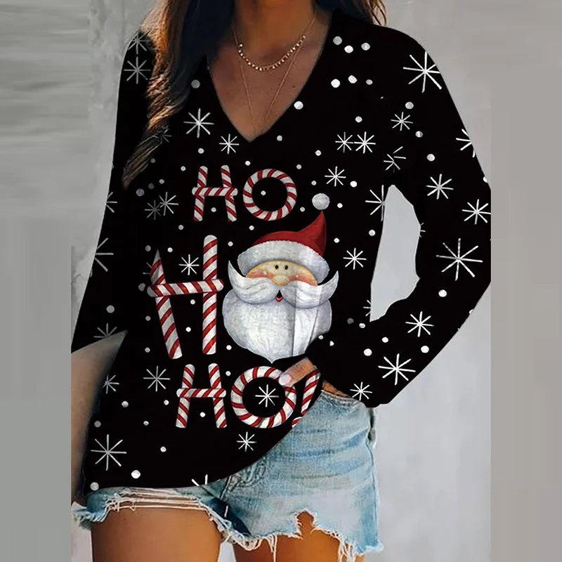 Ho Ho Christmas Style Santa Snowflakes Long Sleeves Graphic Tees