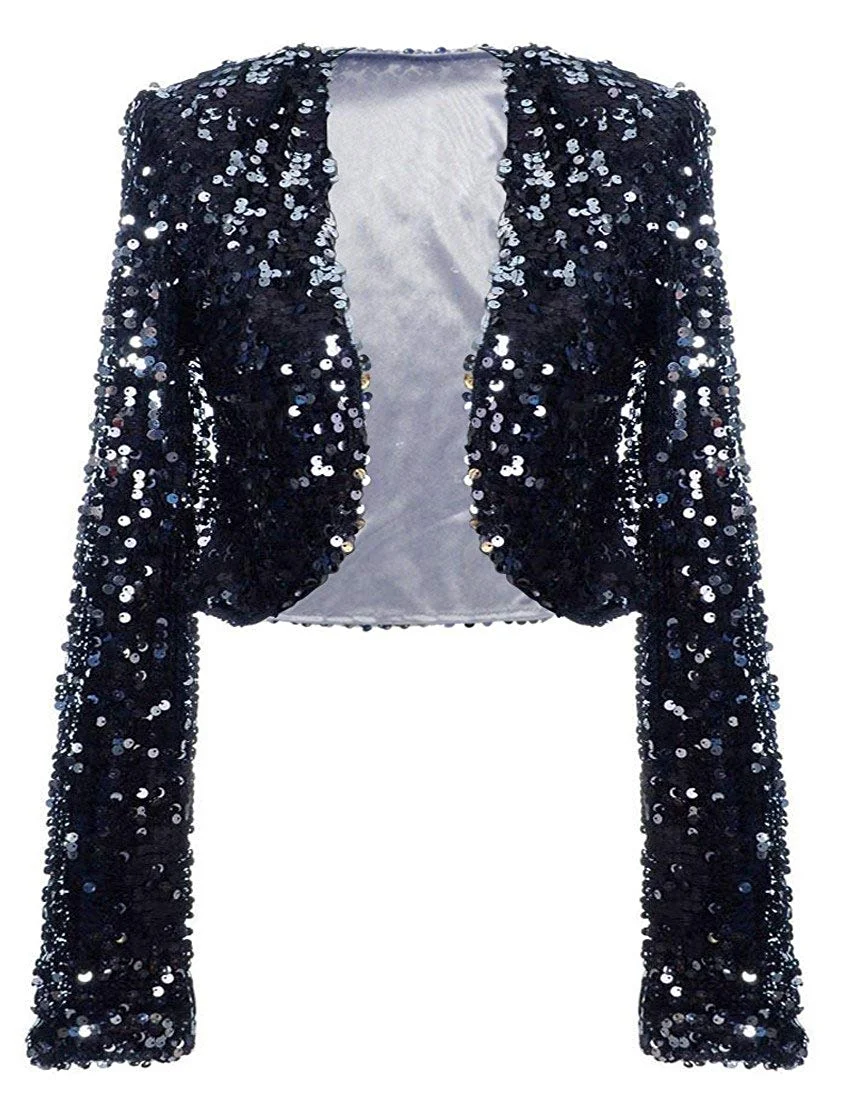 Women Sequin Jacket Long Sleeve Sparkly Cropped Shrug Clubwear