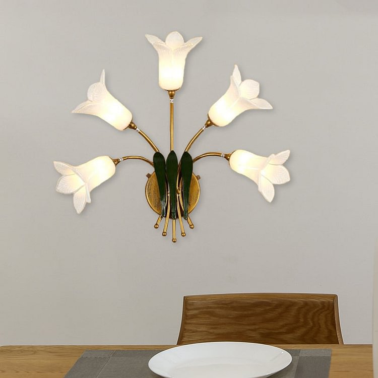 5 Bulbs Wall Light Sconce American Garden Bedroom LED Wall Lighting Fixture with Lily/Tulip Frosted Glass Shade in Gold