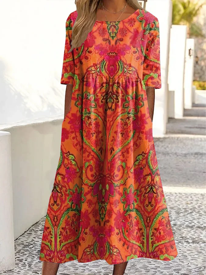 Vintage Paisley Print Crew Neck Pocket Midi Dress