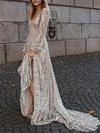 Shiny Spangle And Backless Long Sleeves Maxi Dresses