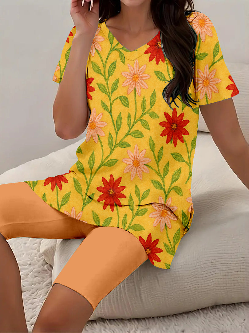 Women Long Sleeve V-neck Graphic Floral Printed Top