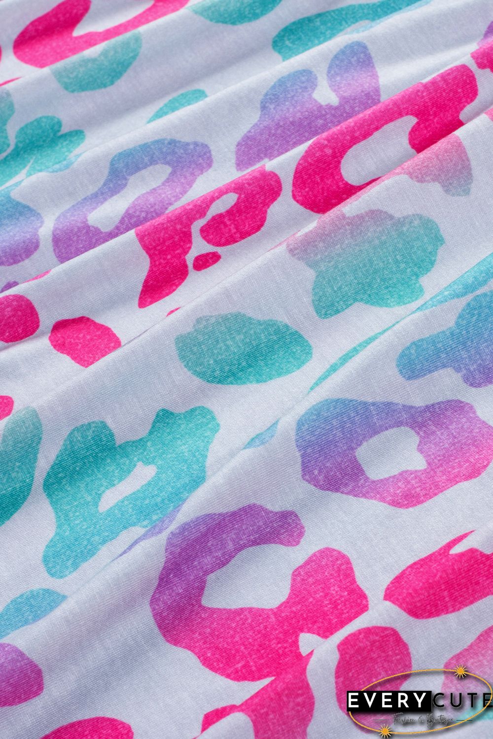 Sky Blue Leopard Color Block Buttoned V Neck T Shirt