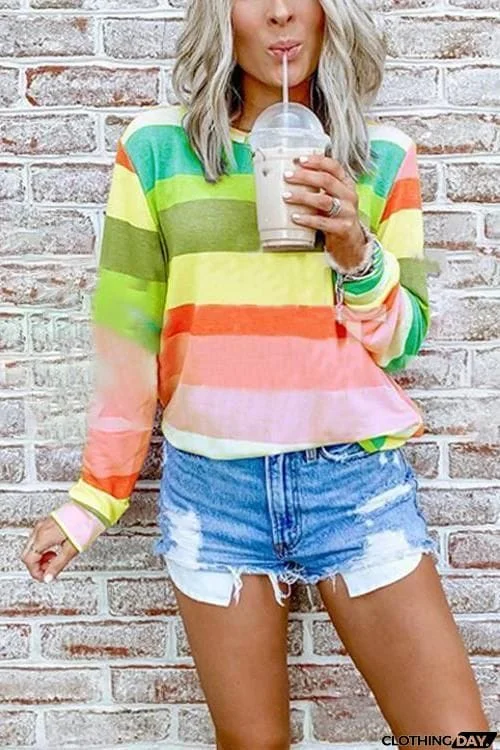 Rainbow Stripe O Neck Long Sleeve T Shirt