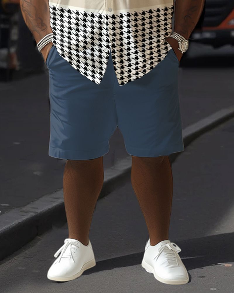 Men's Plus Size Men's Contrast Houndstooth Polo Print hort sleeve shirt shorts suit
