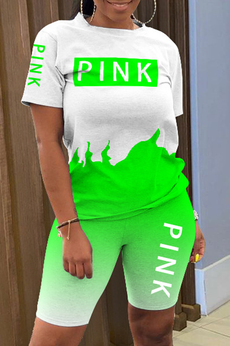 Fluorescent Green Street Print Letter O Neck Short Sleeve Two Pieces | EGEMISS