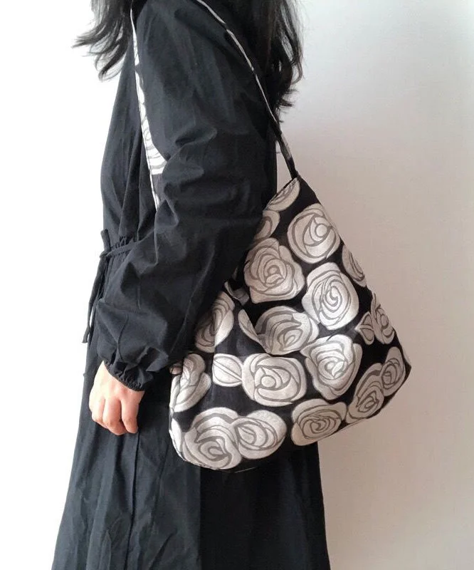 Vintage Black Rose Jacquard Organza Satchel Handbag