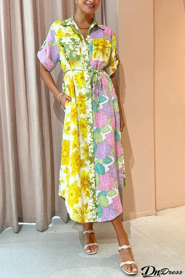 Travel Effortlessly Linen Blend Floral Patchwork Shirt Midi Dress