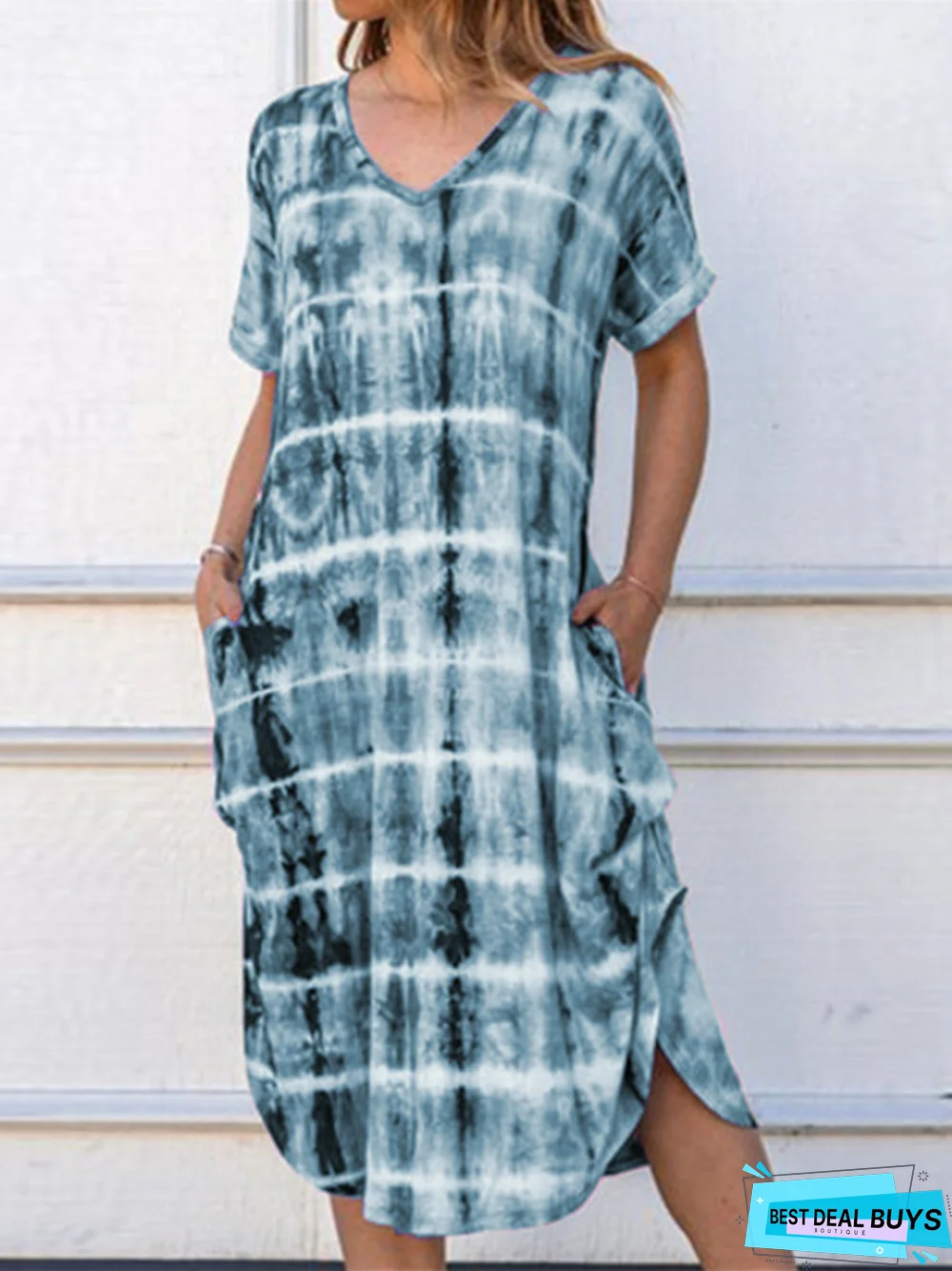 New Women's Short-Sleeved V-Neck Loose-Fitting Fork Print Dress