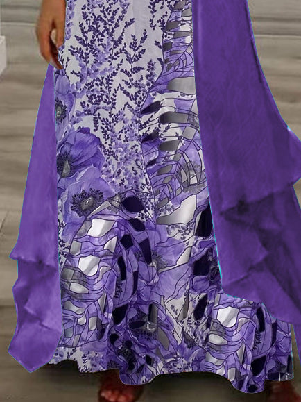 Women's Long Sleeve V-neck Floral Printed Two Pieces Maxi Dress