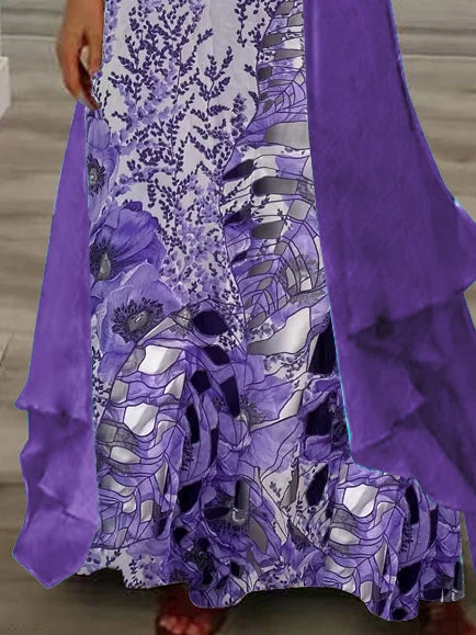 Women's Long Sleeve V-neck Floral Printed Two Pieces Maxi Dress