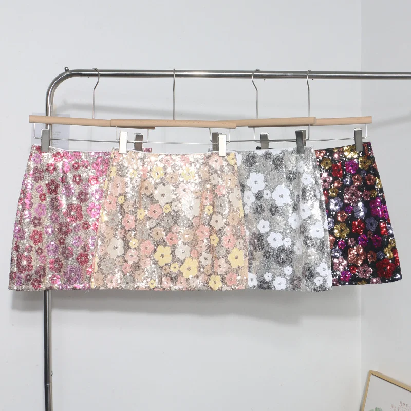 Nigikala Nigikala Heavy Industry Lighting Flowers A-Word Skirt High Waist Thin Ass Anti-Light Short Skirt Women 8158