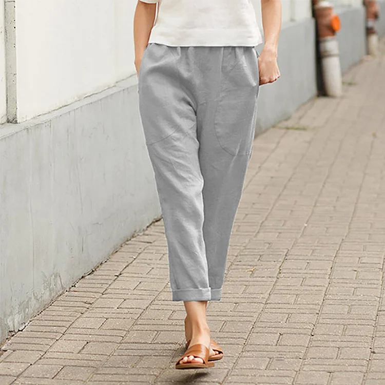 Women's casual large pocket solid color comfortable cotton and linen casual pants