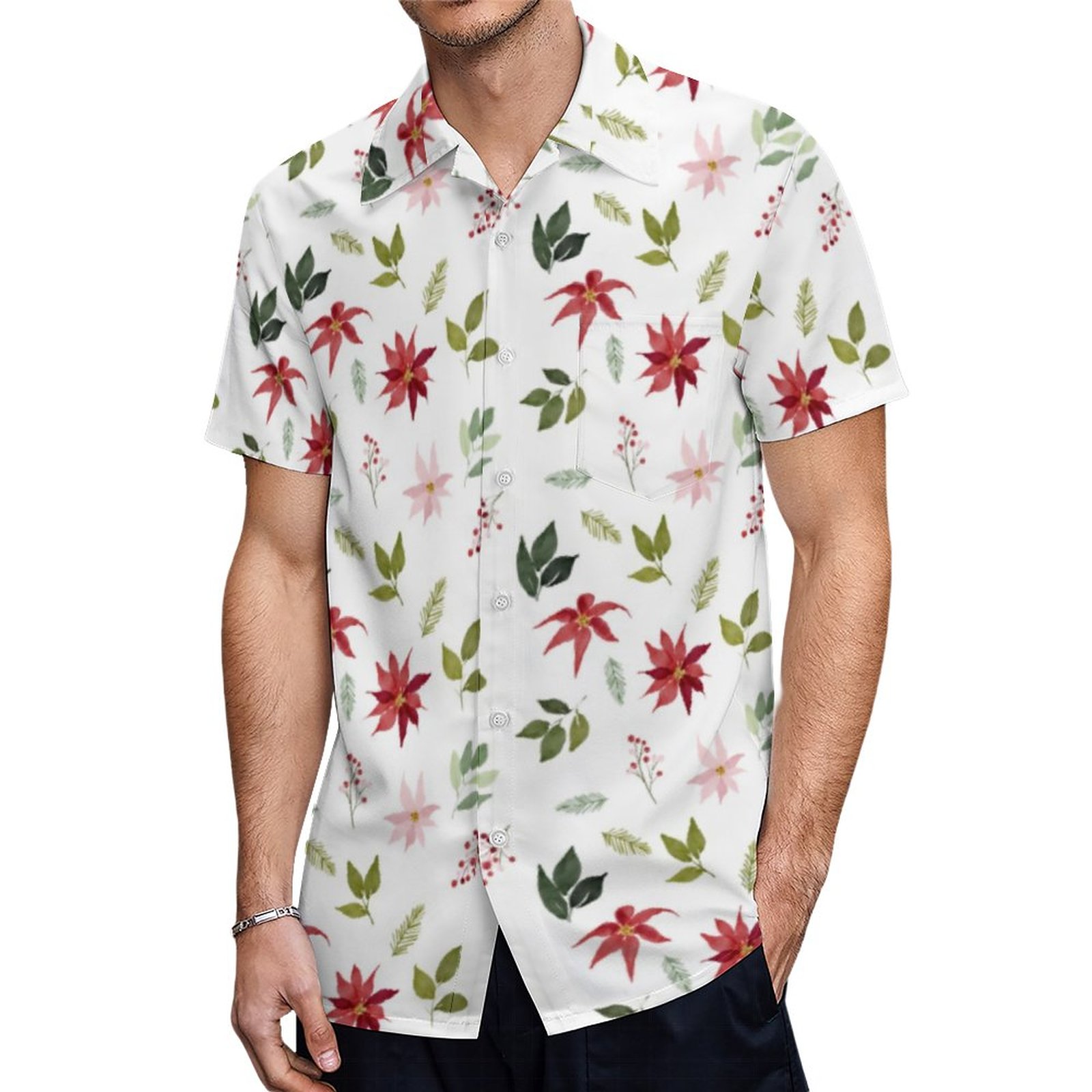 Red Poinsettia Holly Leaves Winter Pattern Holiday Hawaiian Shirt Mens Button Down Tropical Hawaii Beach Shirts