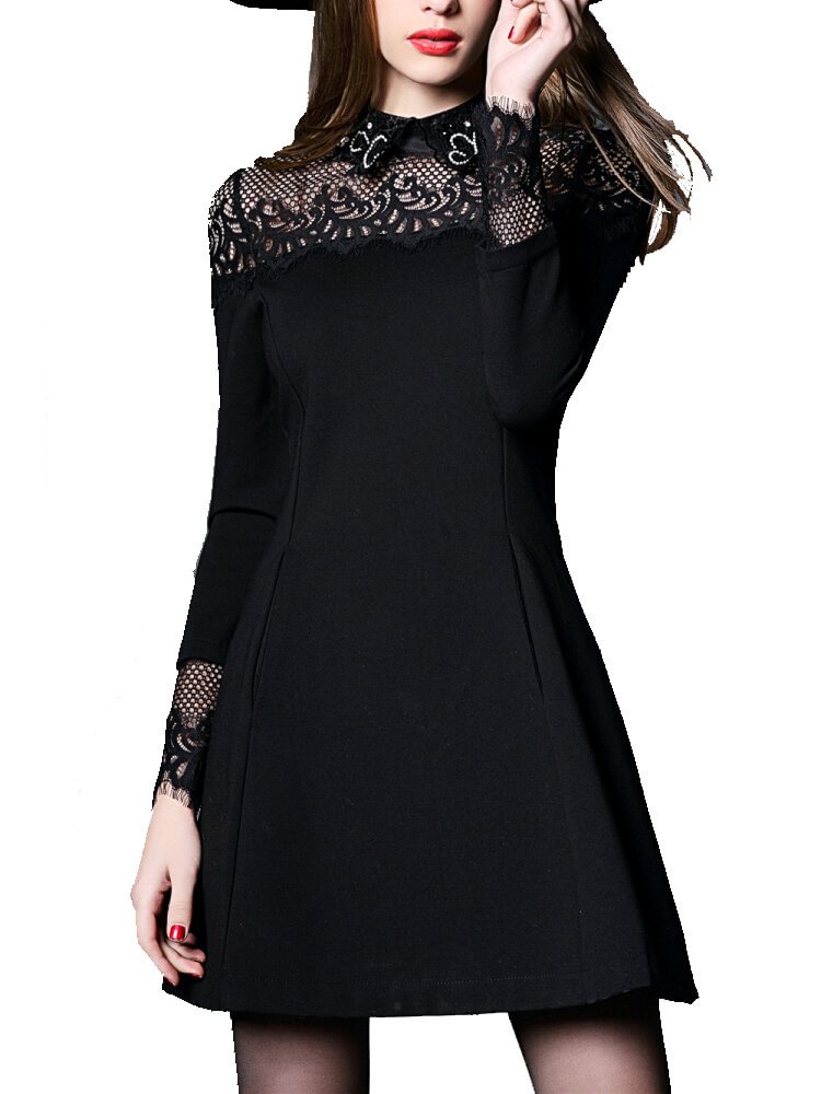 Elegant Lace Patchwork Black Slim Long Sleeve Zipper A-line Dress - Shop Trendy Women's Fashion | TeeYours
