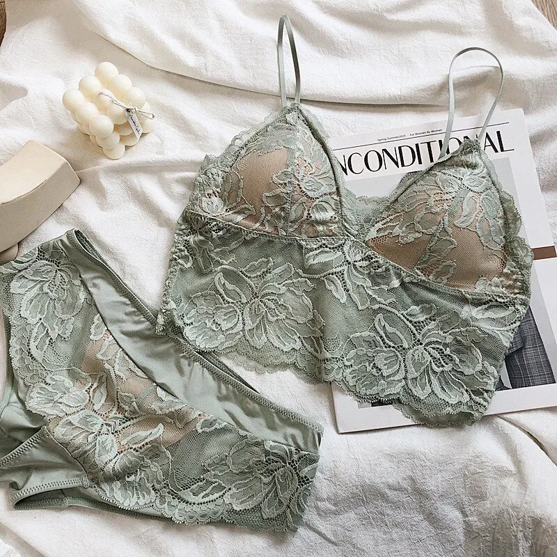 Sexy lingerie sets perspective lace bralette inside bra without steel ring triangle cup thin gathered suspenders underwear set