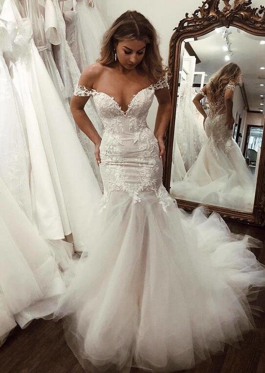 Gorgeous Sweetheart Mermaid Off-the-Shoulder Wedding Dresses With Tulle | Ballbellas Ballbellas