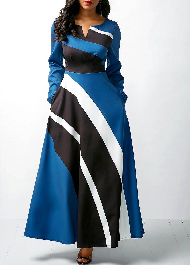 V-neck striped print long-sleeve dress