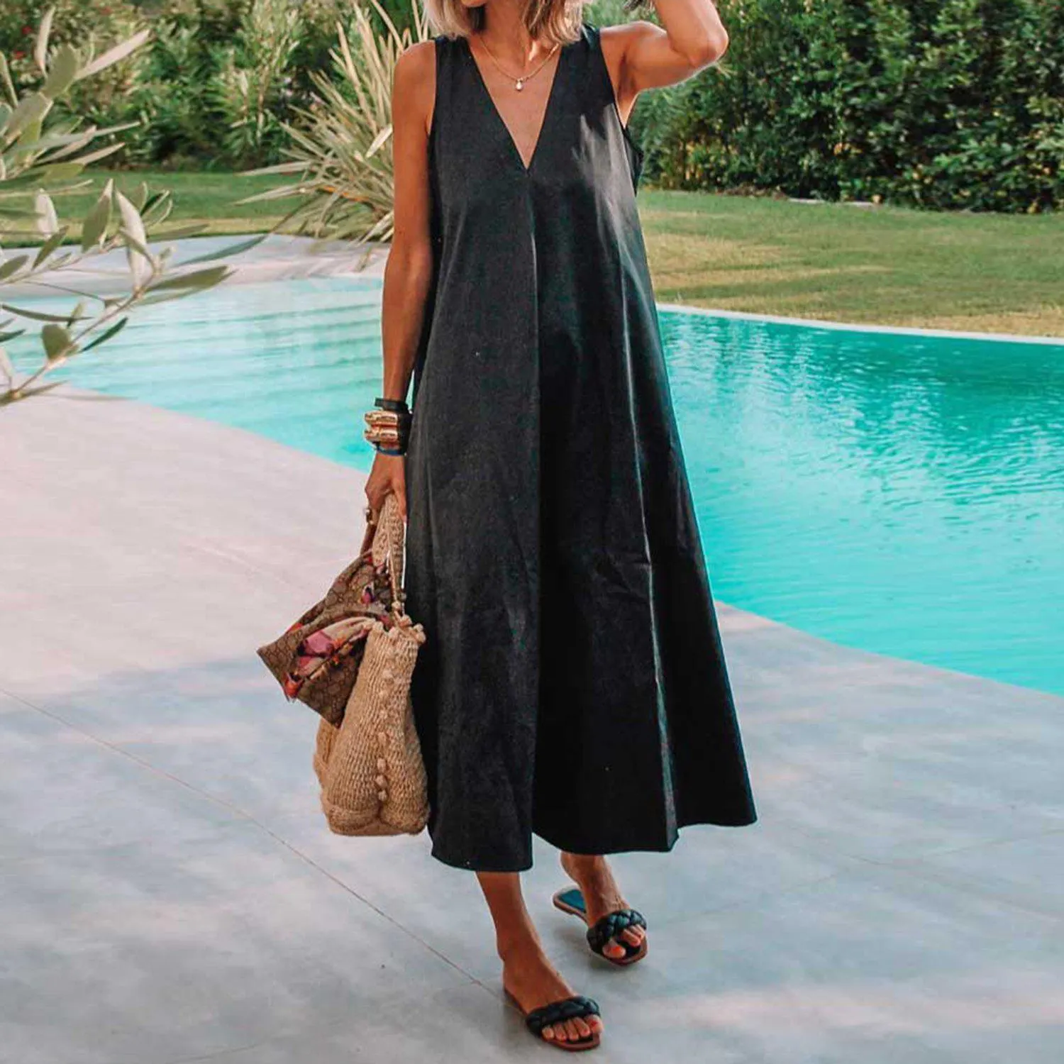 Classy Plain Sleeveless Midi Dress-vocosishoes