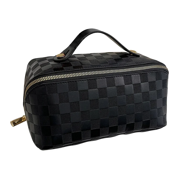 Plaid Make Up Bag Zipper PU Leather Cosmetic Wash Bag for Gym Fitness (Black)
