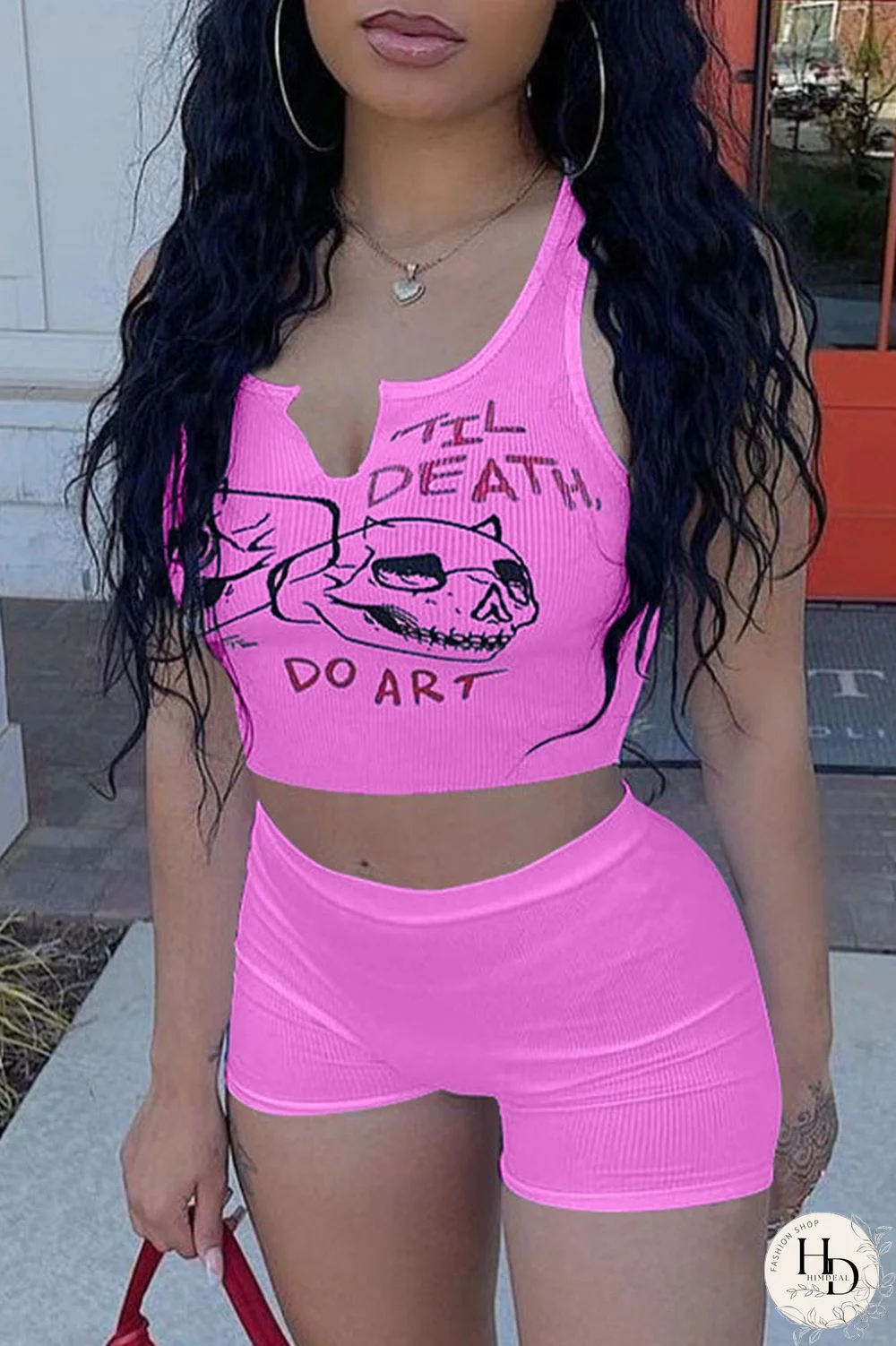 Black Casual Print Split Joint Spaghetti Strap Sleeveless Two Pieces