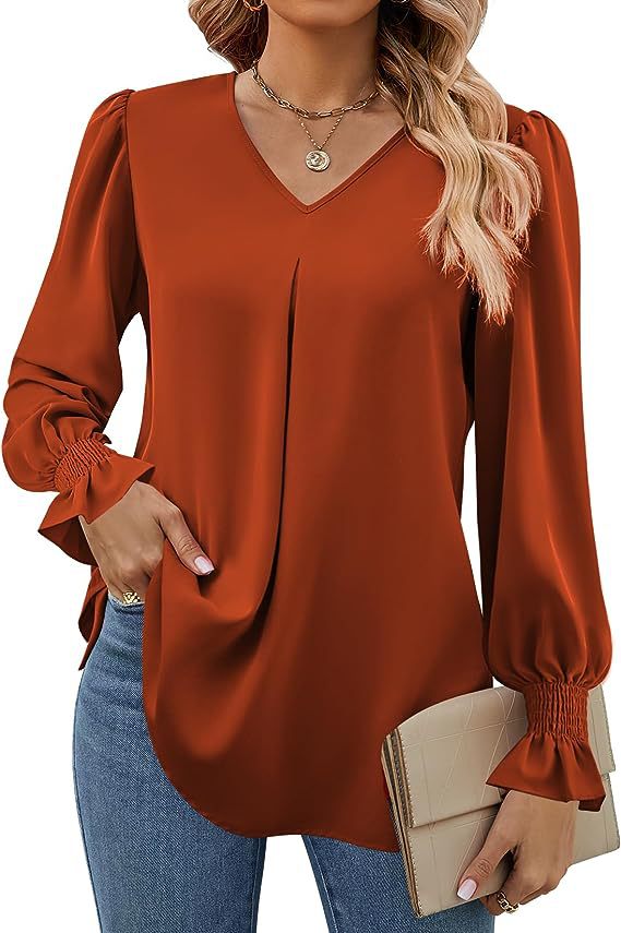 Vurtigorasn Women's New Solid Color Chiffon Shirt V-neck Pullover Flared Long Sleeved Top Shirt Office Lady Elegant Khaki Loose Blouses