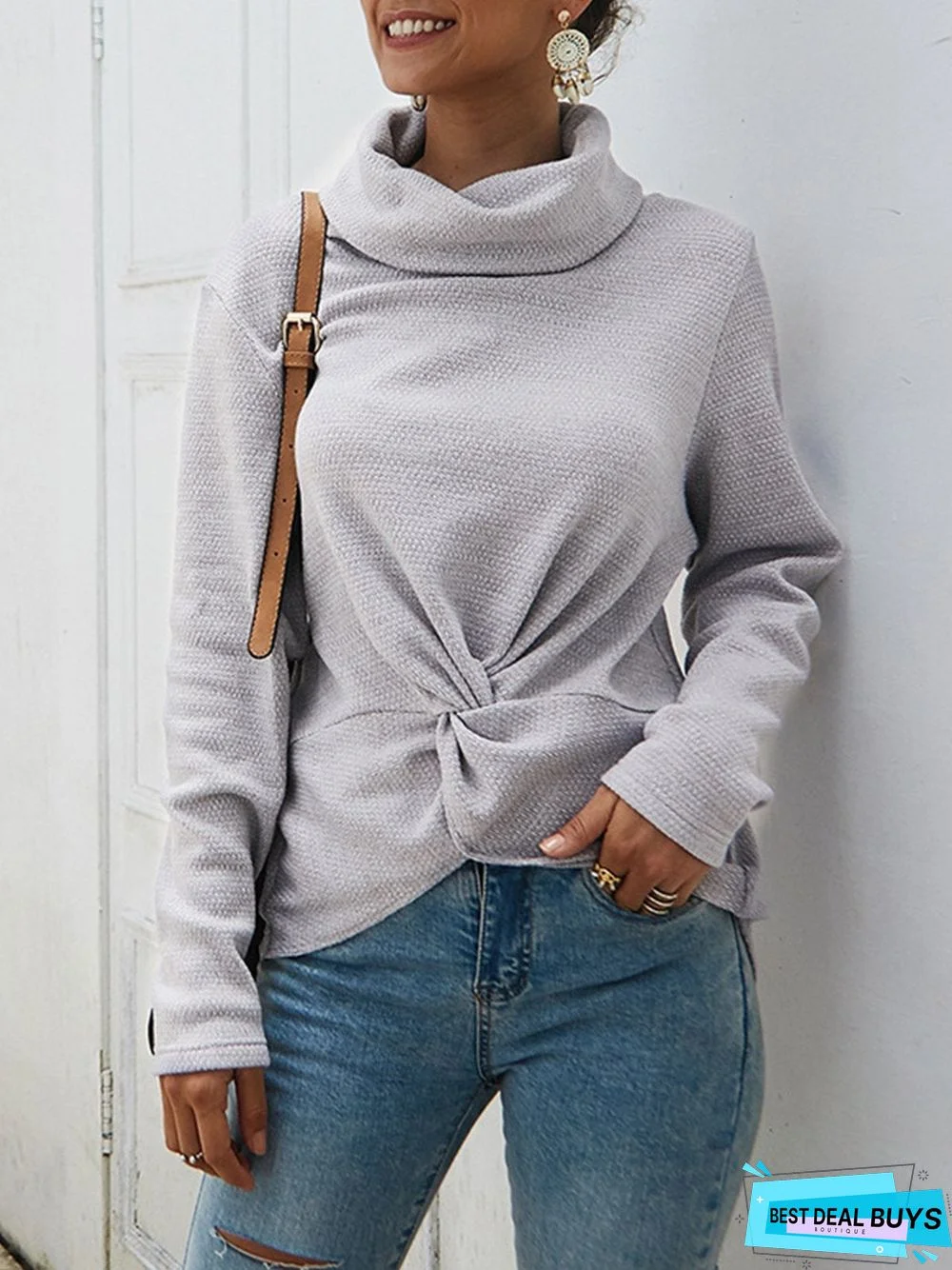 Knitted Cowl Neck Long Sleeve Casual Sweater